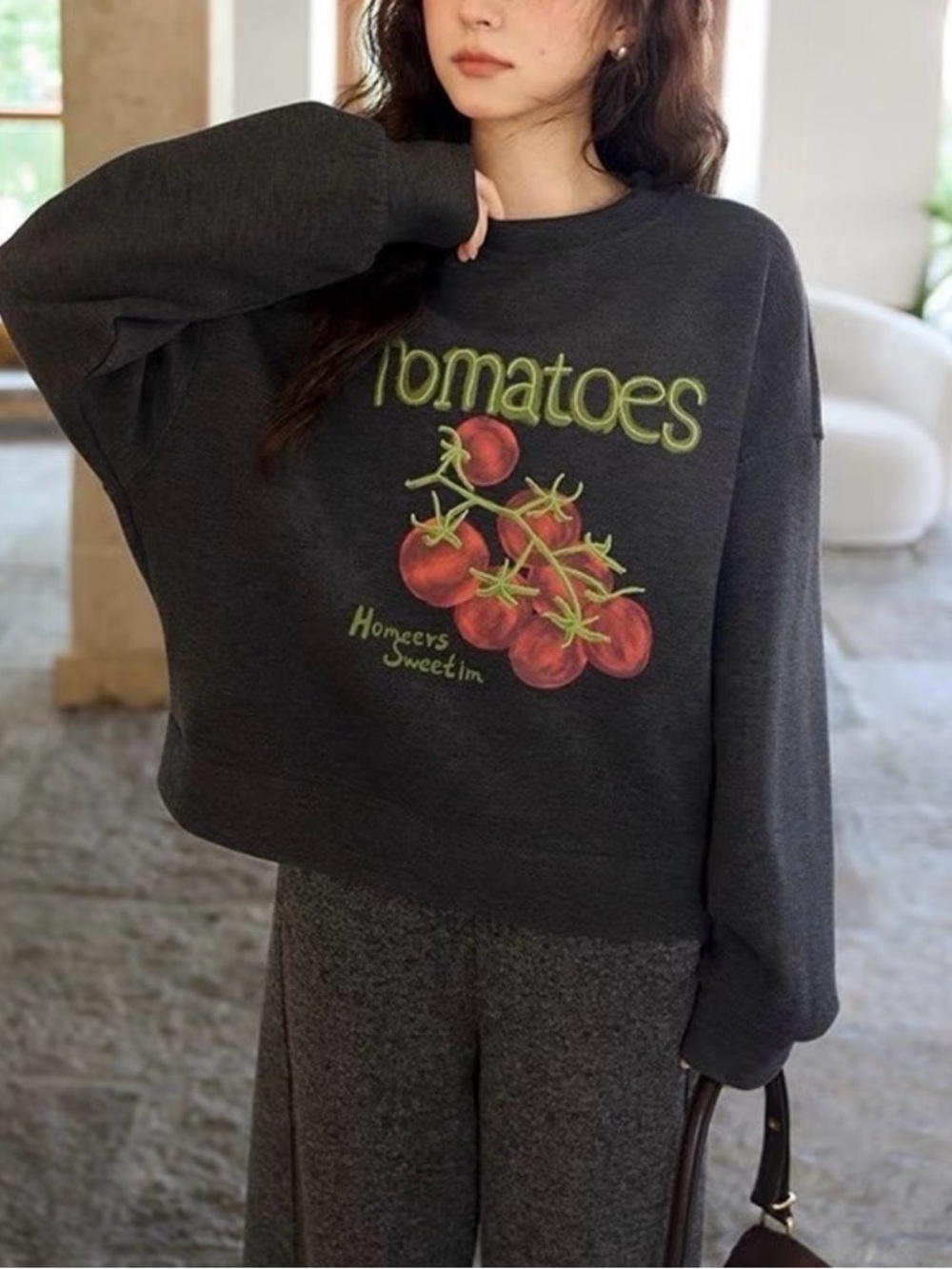 Korean Charcoal Grey Graphic Crewneck Sweatshirt with Cherry Print